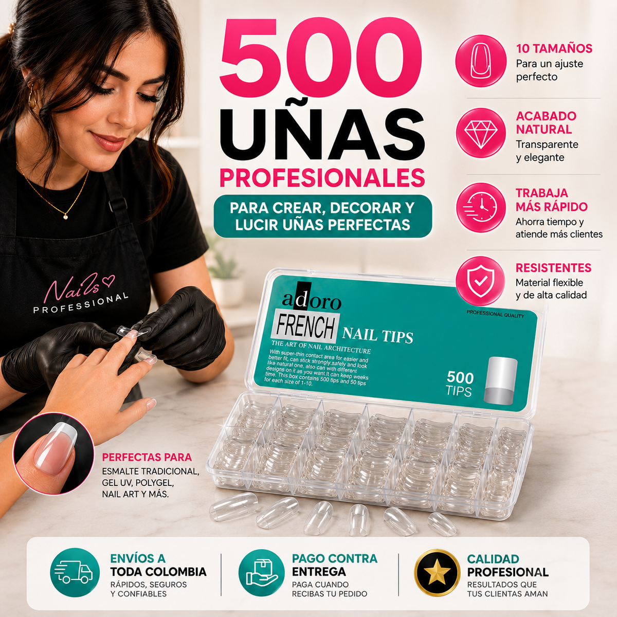 💅El Kit Profesional de 500 Uñas Press On French Transparentes.